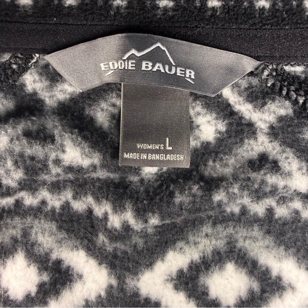 Eddie Bauer Large Fair Isle Fleece Pullover Quest Black White 1/4 Zip Cabin Warm - Picture 6 of 11